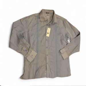 BOHIO 100% Linen Guayabera Shirt L Blue Embroidered Long Sleeve Tropical NWT